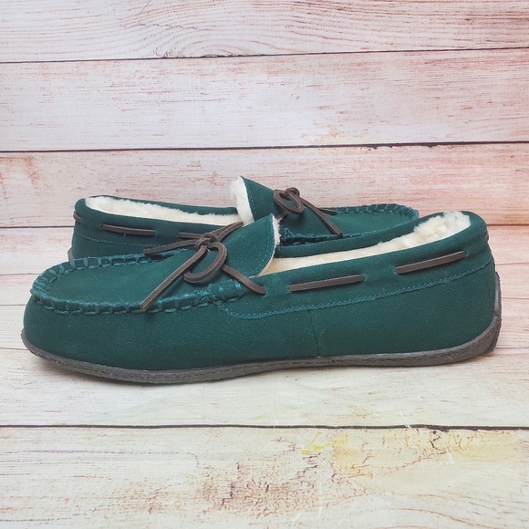 New Vineyard Vines Mens 12M Green Suede Leather Shearling Lined Moc Slippers